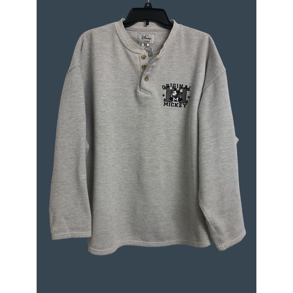 Vtg 90Ss Disney XXL Original Mickey Cotton Henley Sweatshirt Waffle Knit